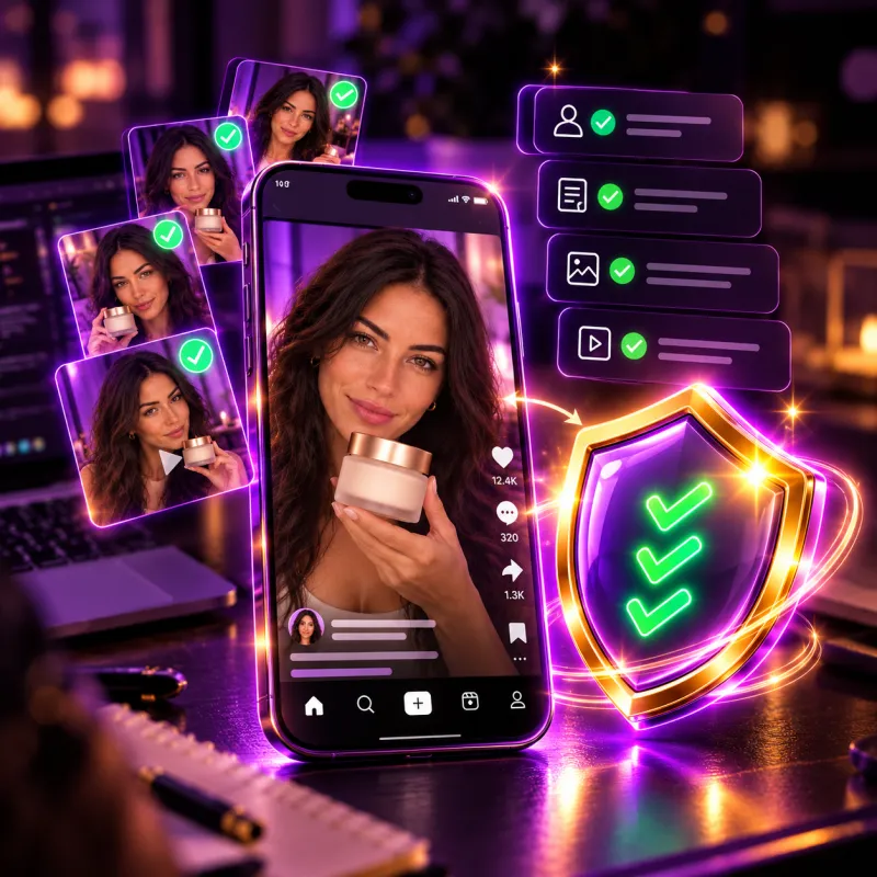 Celular com vídeo da influencer de IA, checklist aprovado e escudo dourado com três checks
