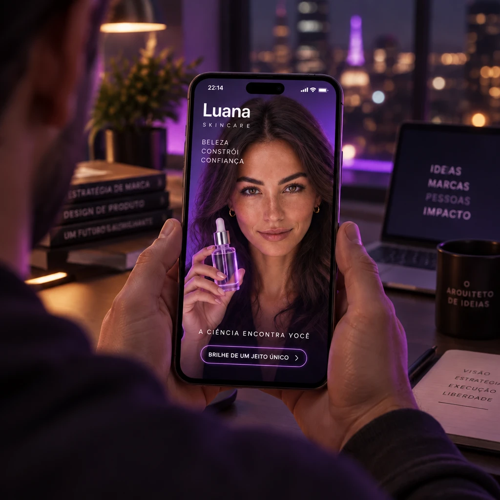 Pessoa sem rosto segura o celular; na tela, a influencer de IA sorri e mostra um sérum