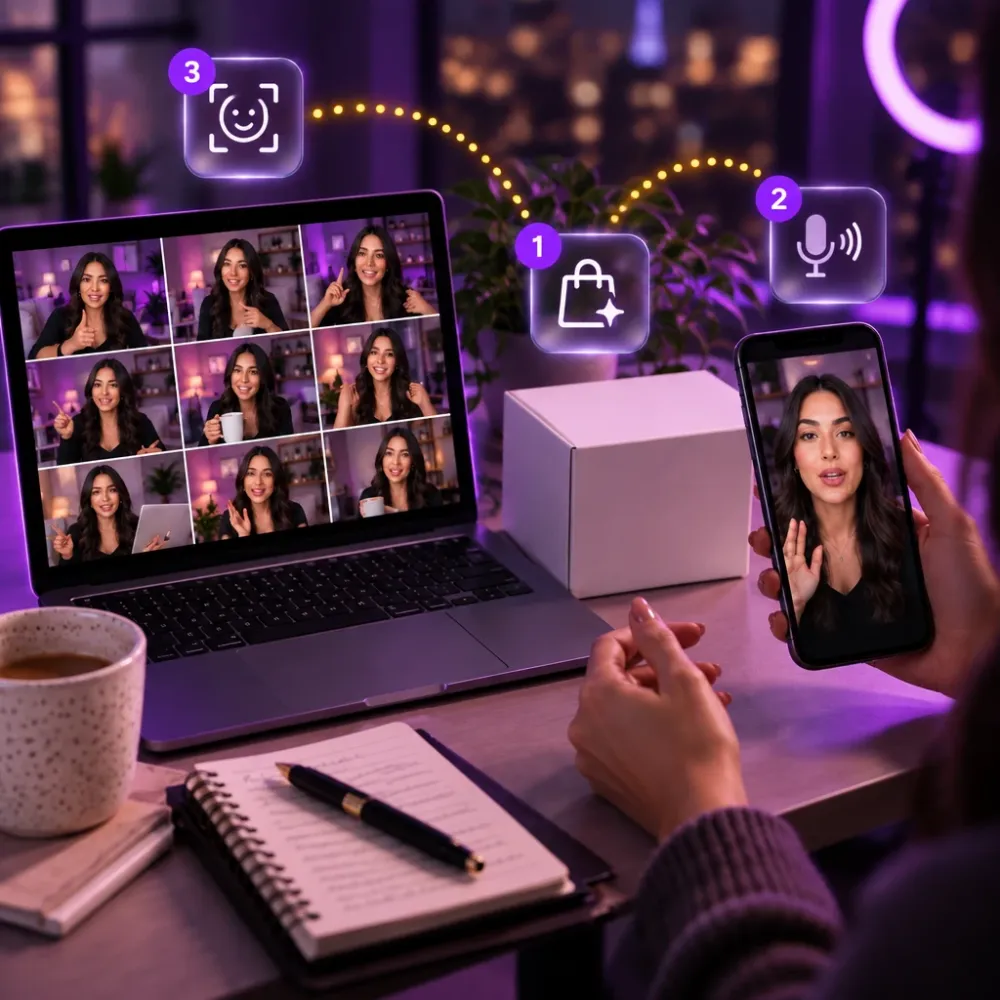 Mesa com notebook mostrando vários retratos da mesma influencer de IA, caixa de produto sem marca e celular com vídeo dela falando; ícones 3 Rosto, 2 Vida e 1 Vitrine